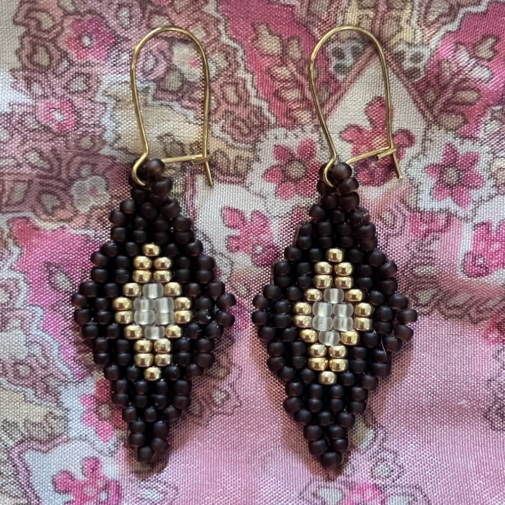 HAND CRAFTED BOHEMIAN BEADED EARRINGS *BROWN & GOLD GLASS BEADS *LIGHTWEIGHT - Picture 8 of 10